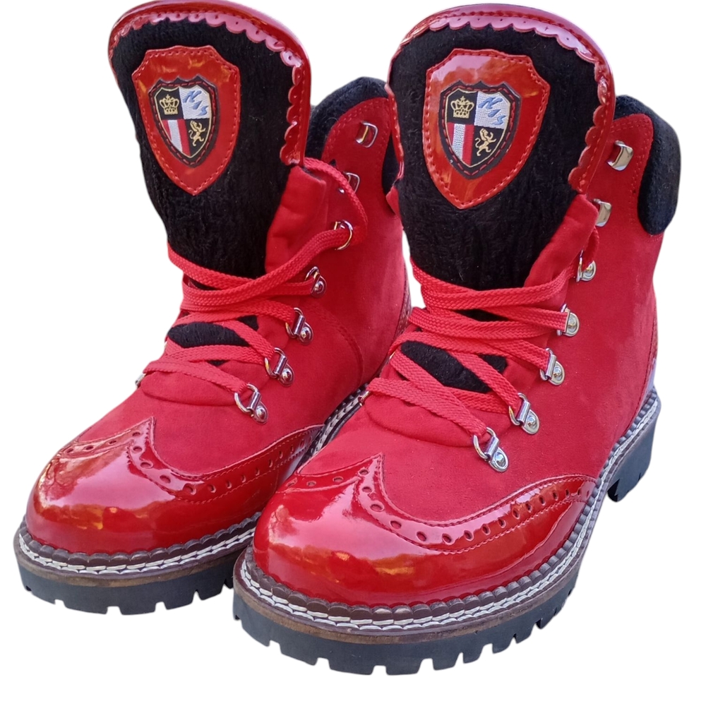 Red Lace-Up Boots with Crest